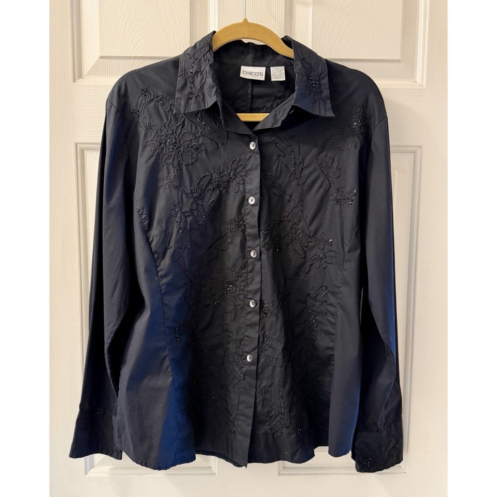 Women's Chico's Button Up Long Sleeves Size 2 Black Dressy Cotton Beaded
